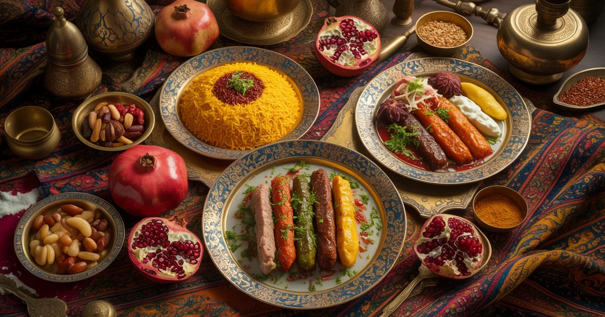 Elegant spread of traditional Persian dishes including golden saffron rice with tahdig, colorful kebabs, pomegranates, and spices in ornate bowls showcasing 2,500 years of culinary heritage