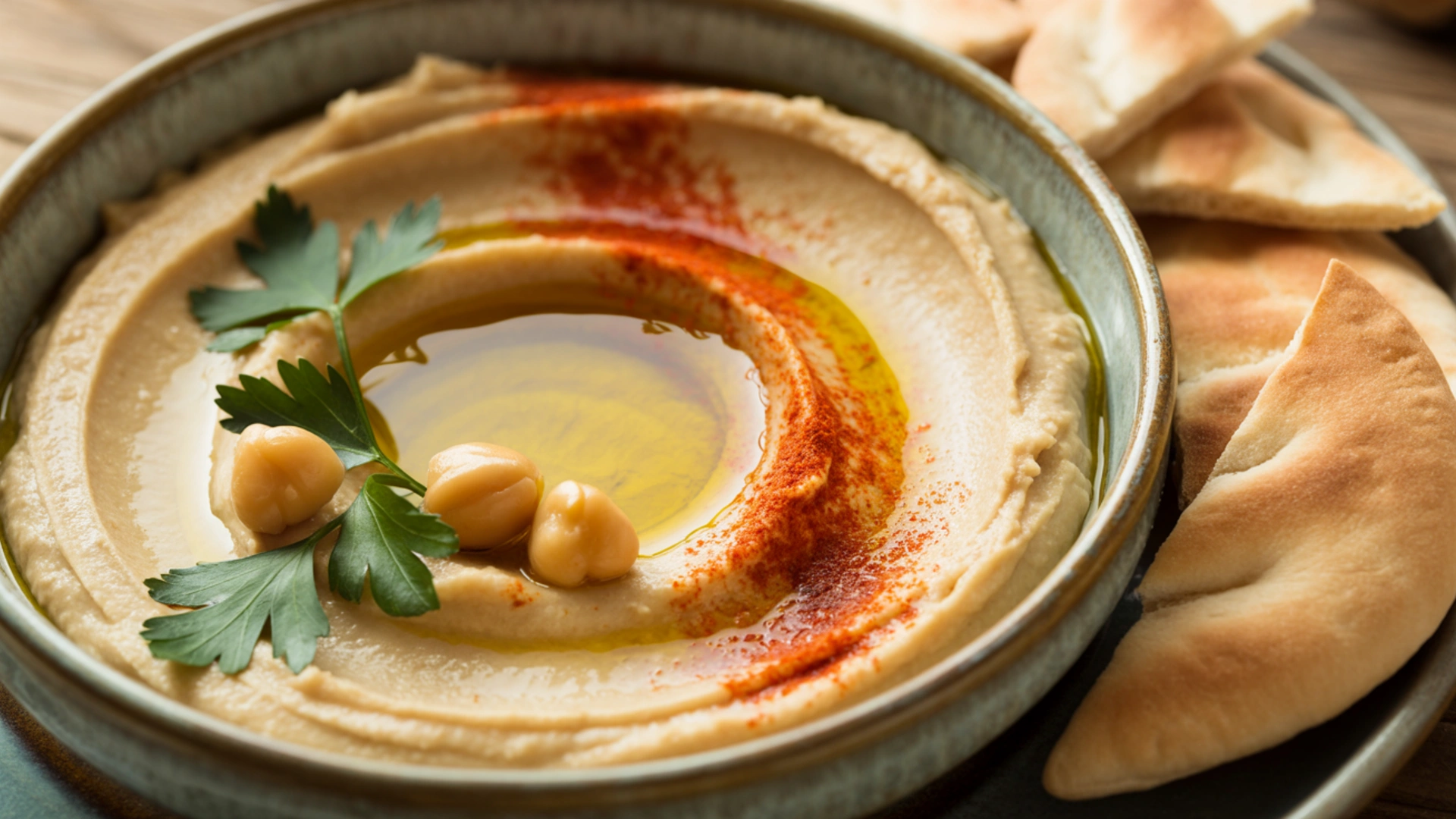 Creamy smooth hummus in rustic bowl with golden olive oil, paprika, and fresh parsley served with warm pita at Carnys Restaurant