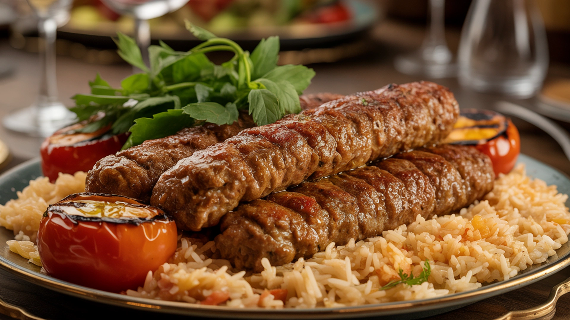 Golden-brown grilled Persian koobideh kebabs with char marks served on saffron rice with grilled tomatoes at Carnys Restaurant