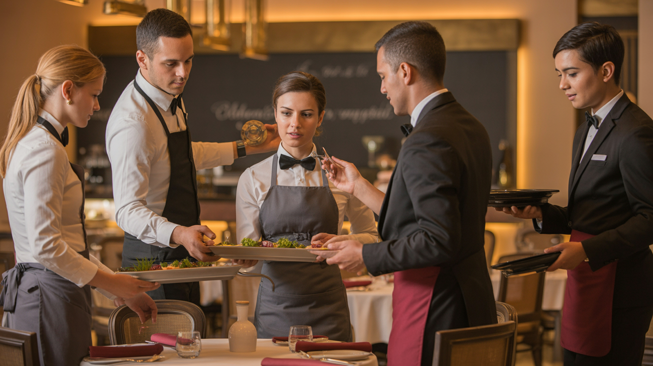 Restaurant team collaboration behind the scenes at Carnys with servers, kitchen staff, and management preparing for evening service