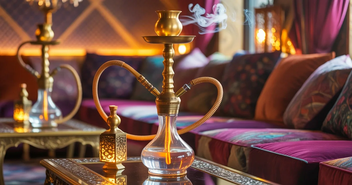 Premium hookah setup with glowing coals in upscale Mediterranean lounge with plush seating and warm ambient lighting at Carnys Encino