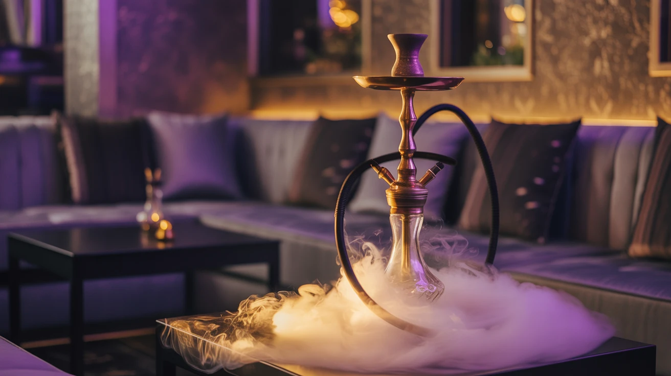 Premium hookah setup with smoke swirling at Carnys lounge with comfortable seating
