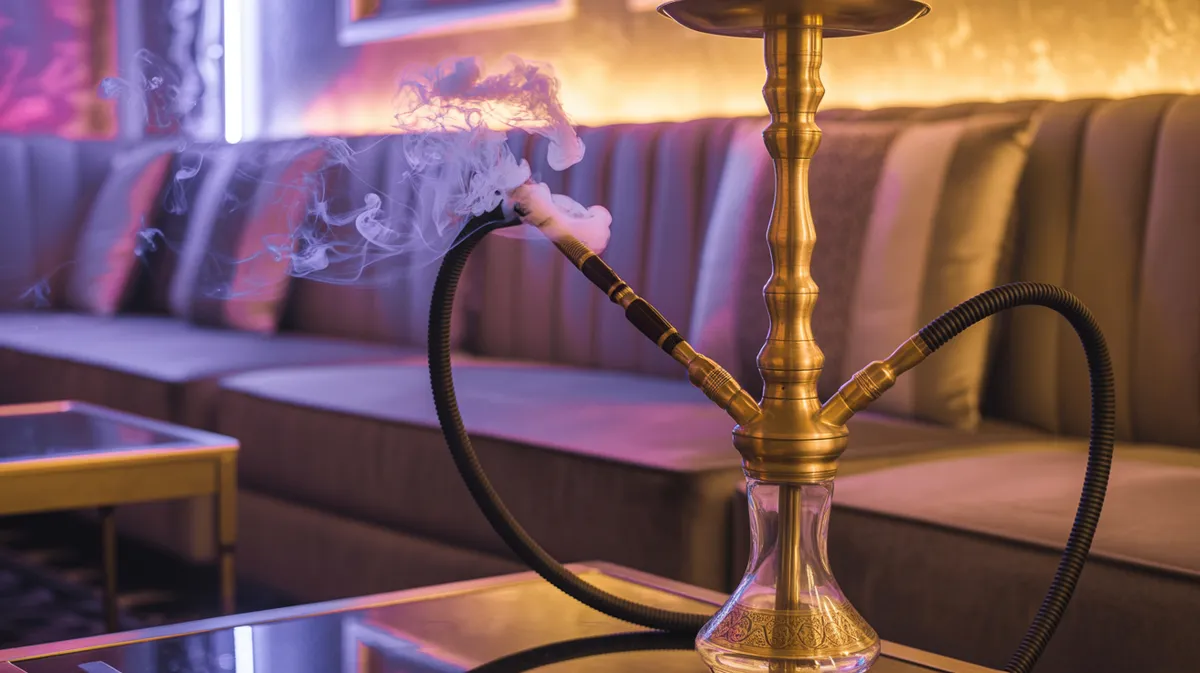 Elegant premium brass hookah in upscale lounge setting with velvet seating and ambient mood lighting at Carnys