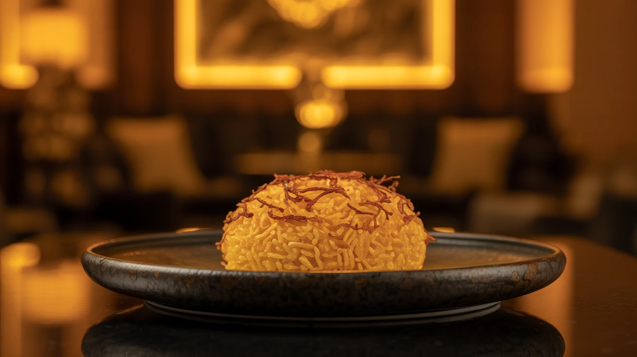 Golden crispy tahdig (Persian rice crust) served on an elegant dark plate with warm amber lighting at Carnys Restaurant