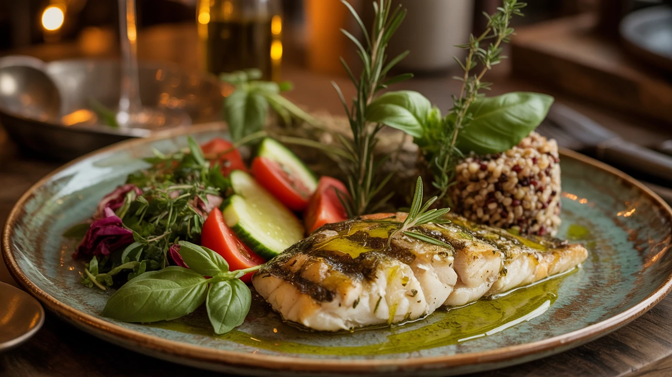 Beautifully plated Mediterranean meal with grilled fish, fresh vegetables, olive oil, herbs, and colorful salads at Carnys Restaurant Encino - showcasing the health benefits of Mediterranean diet