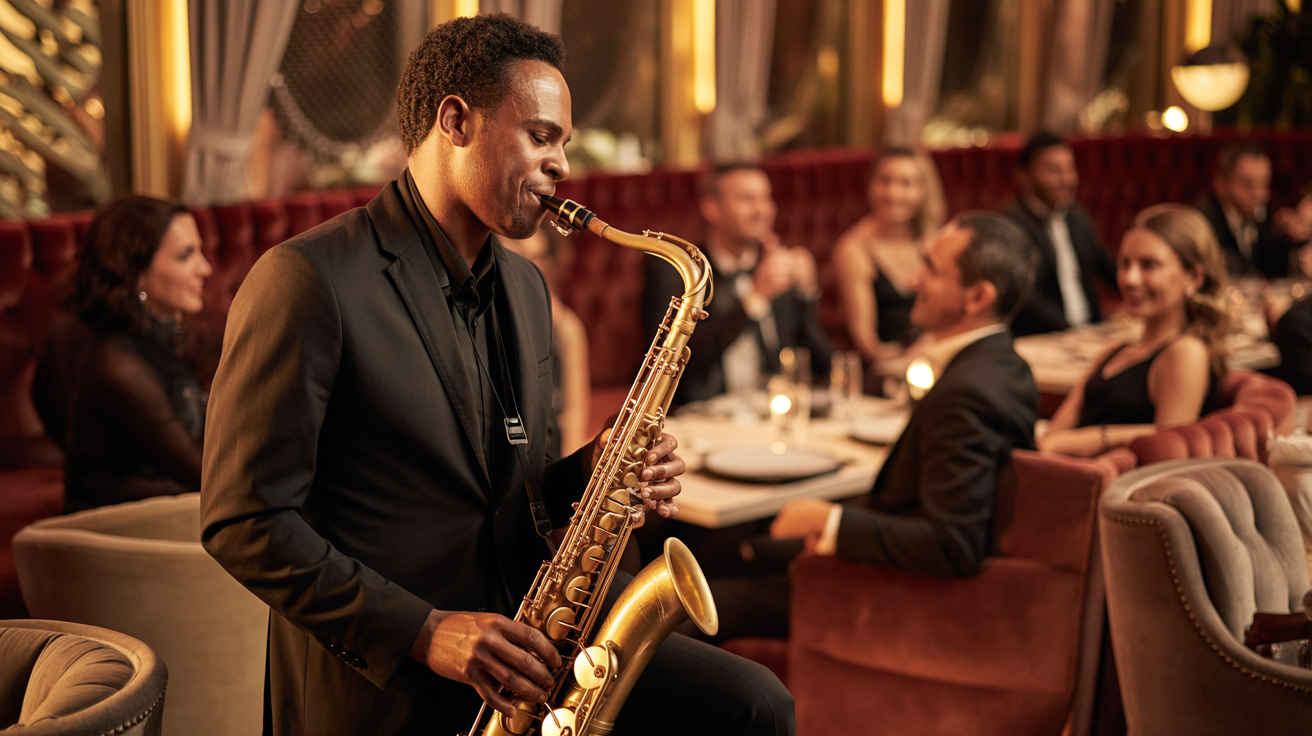Professional jazz saxophonist performing live on stage at Carnys Restaurant with warm golden lighting and engaged audience