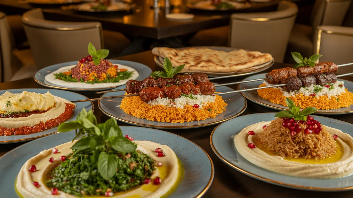 Beautiful overhead spread of Persian dishes including koobideh kebabs, saffron rice, tahdig, hummus and fresh herbs at Carnys Restaurant Encino