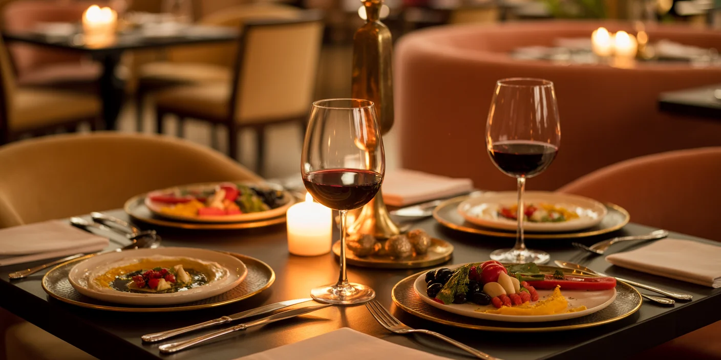 Romantic table for two at Carnys Restaurant with mezze plates, wine glasses, and candlelight creating an intimate Mediterranean dining atmosphere in Encino