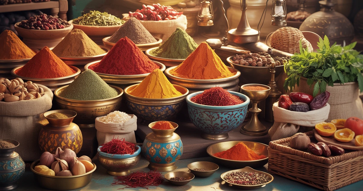 Ancient spice market with colorful Mediterranean and Persian spices, herbs, and traditional ingredients representing culinary history