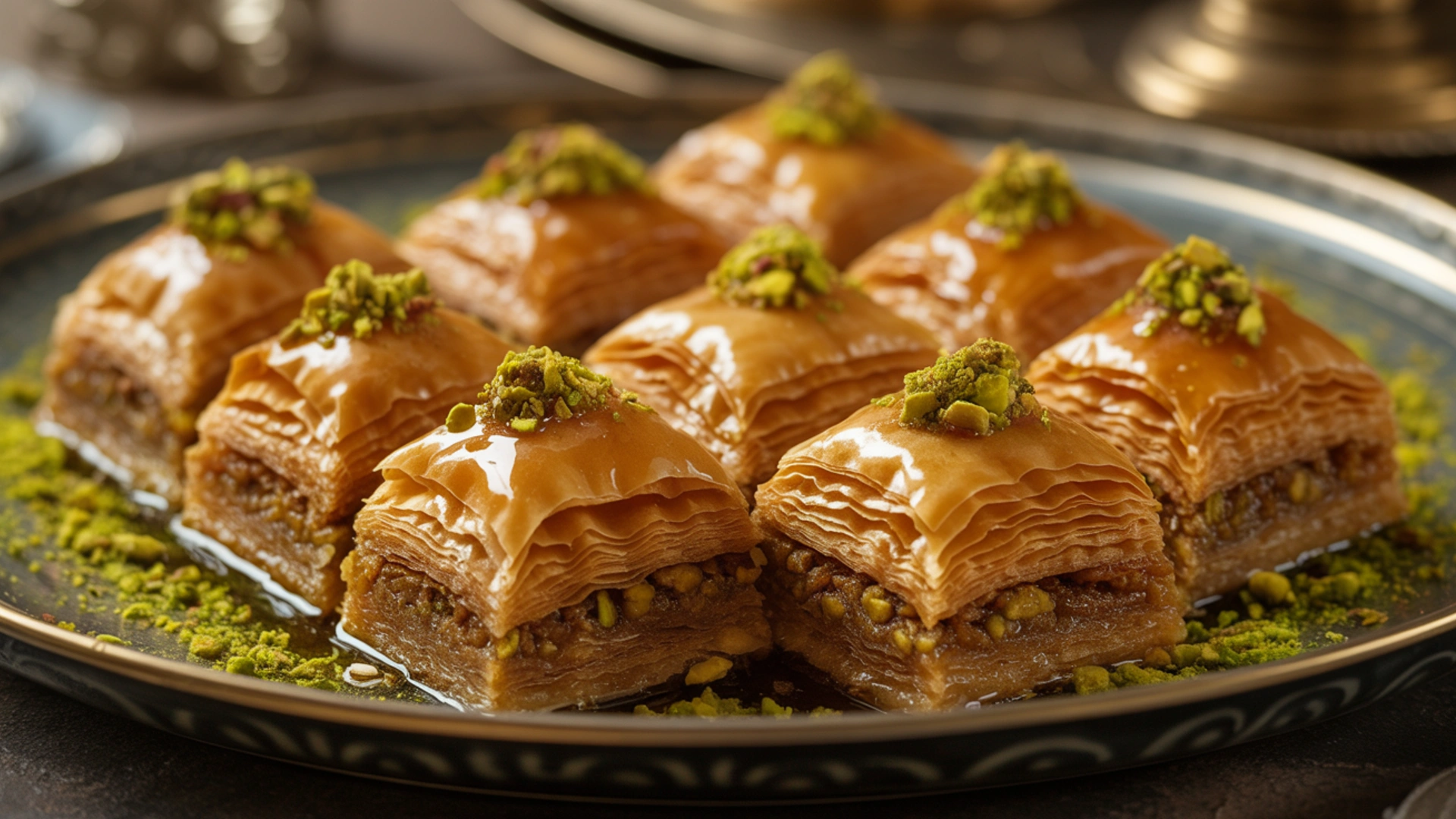 Golden flaky layered baklava pastry cut into diamonds, glistening with honey syrup and crushed pistachios at Carnys Restaurant