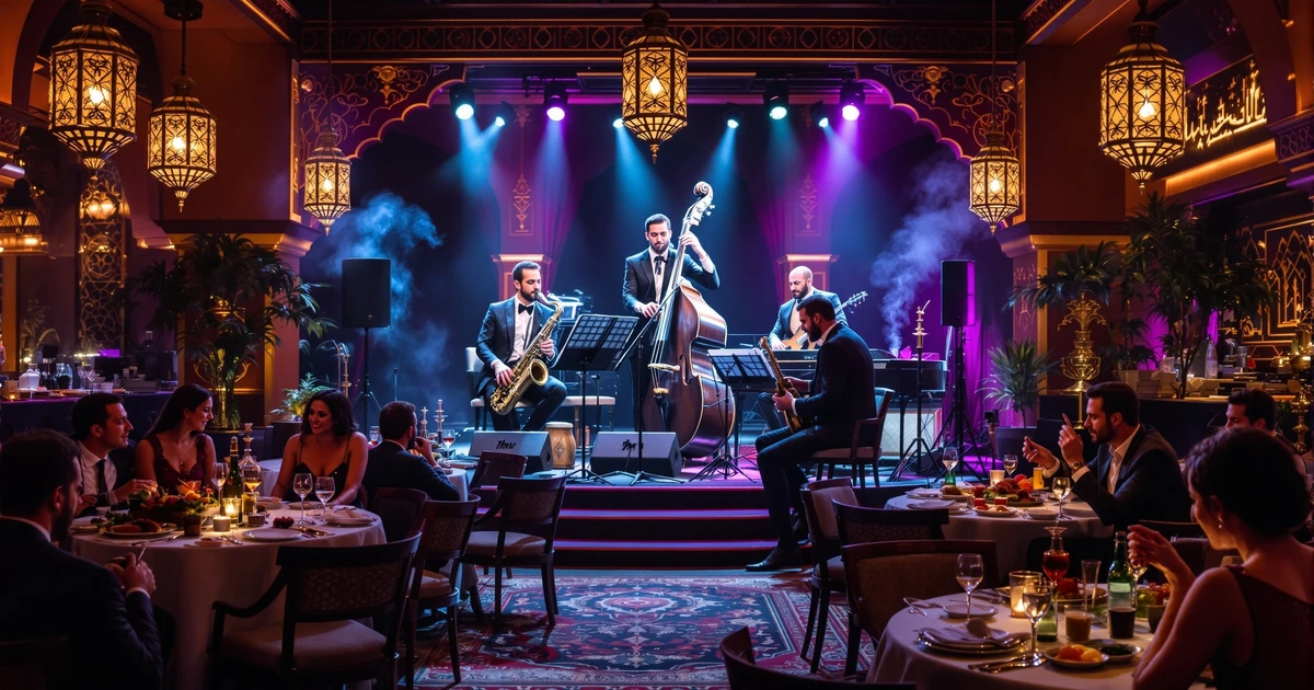 Live music performance at Carnys Mediterranean restaurant in Encino with musicians on stage and guests enjoying dinner