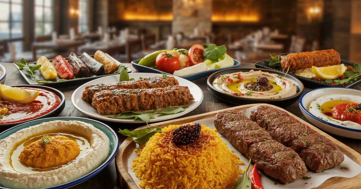 Elegant Mediterranean and Persian dining spread with kebabs, mezze platters, and saffron rice at Carnys Restaurant in Encino