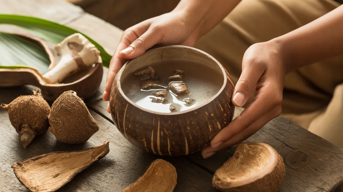 Traditional kava served in coconut shell bowl surrounded by kava root and botanical elements with warm natural lighting
