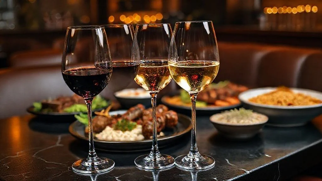 Elegant wine glasses with red and white wine paired with Mediterranean lamb kebabs, hummus, and Persian rice at Carnys Restaurant Encino
