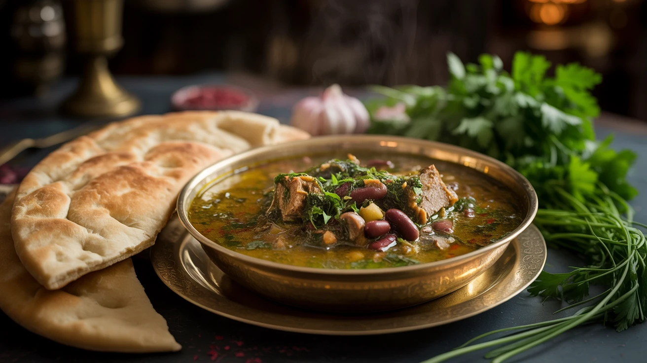 Steaming bowl of Persian herb stew ghormeh sabzi with fresh bread and winter vegetables