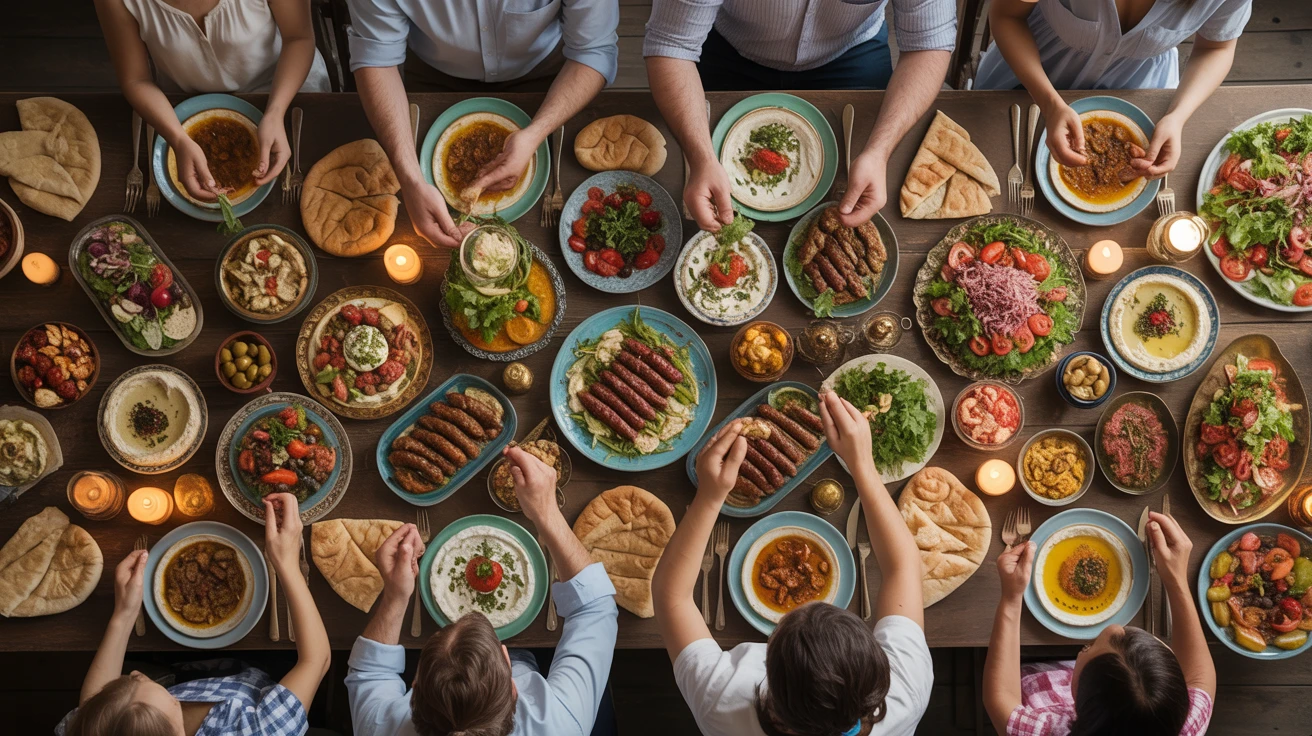 Abundant Mediterranean family feast with mezze dishes, grilled meats, fresh pita - tradition of communal dining