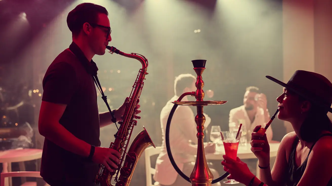 Live music performance with saxophone player and ambient hookah smoke at Carnys