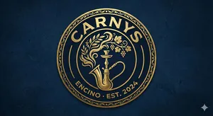 Carnys logo featuring hookah and saxophone emblem - Mediterranean restaurant and hookah lounge in Encino