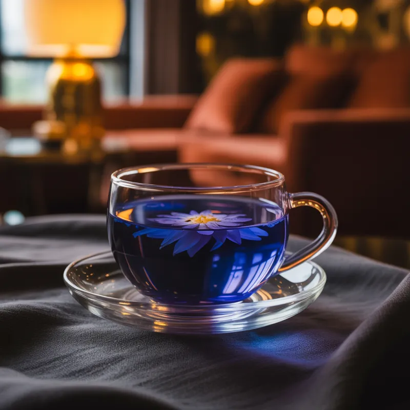 Blue Lotus Elixir botanical drink with edible flowers at Carnys botanical wellness bar - ancient plant medicine meets modern mixology