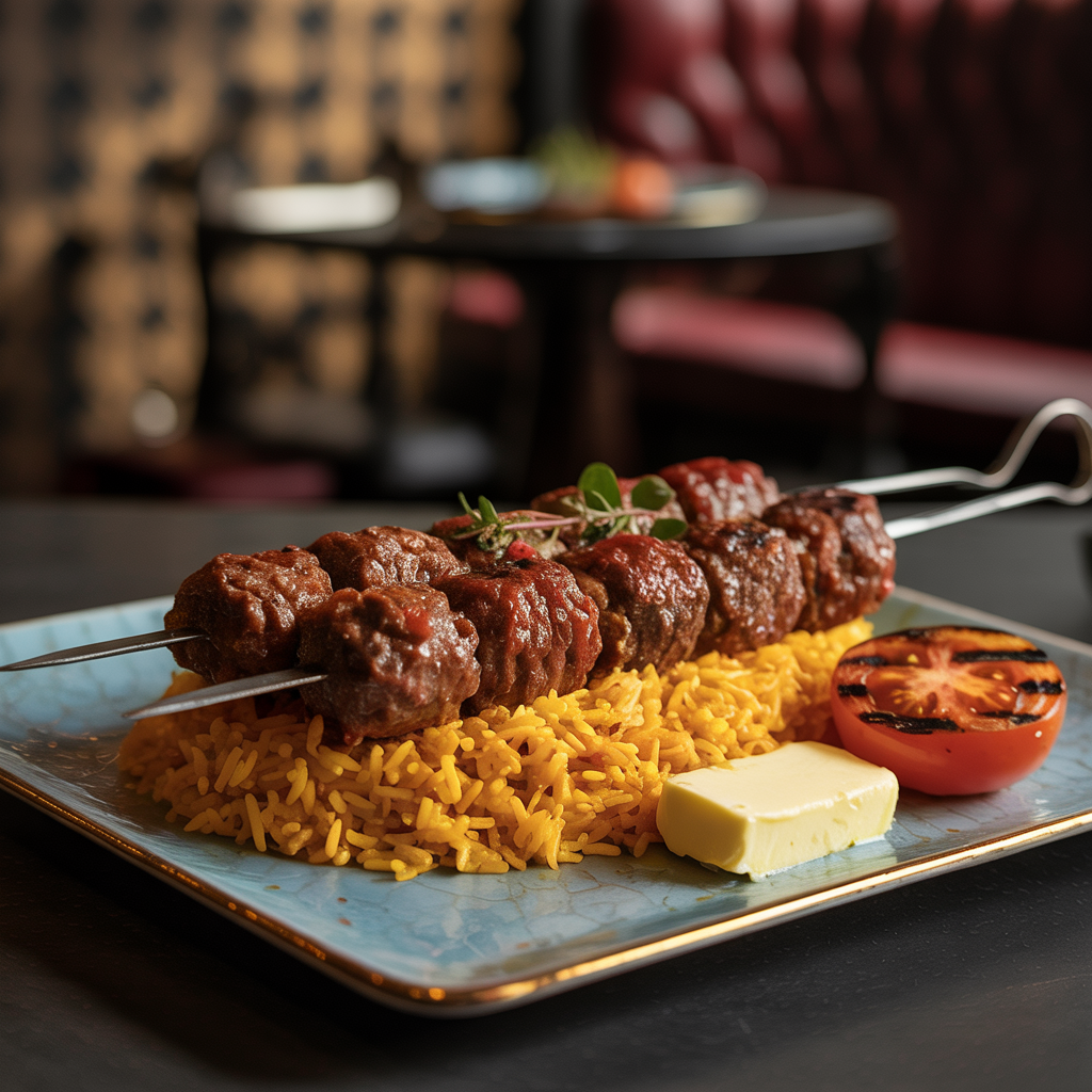 Koobideh - Ground beef/lamb skewers, saffron rice, grilled tomato