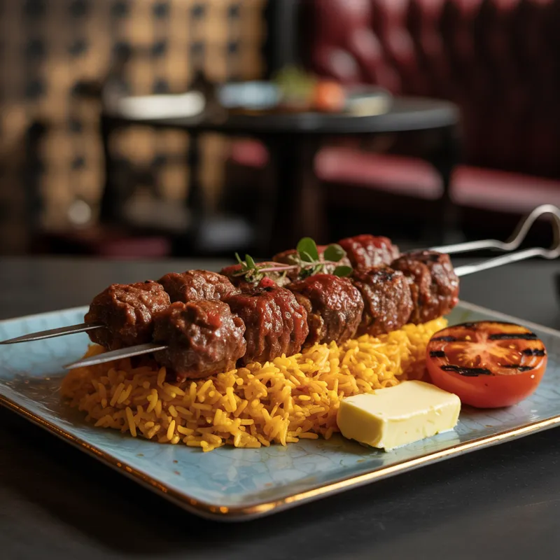 Koobideh - Ground beef/lamb skewers, saffron rice, grilled tomato
