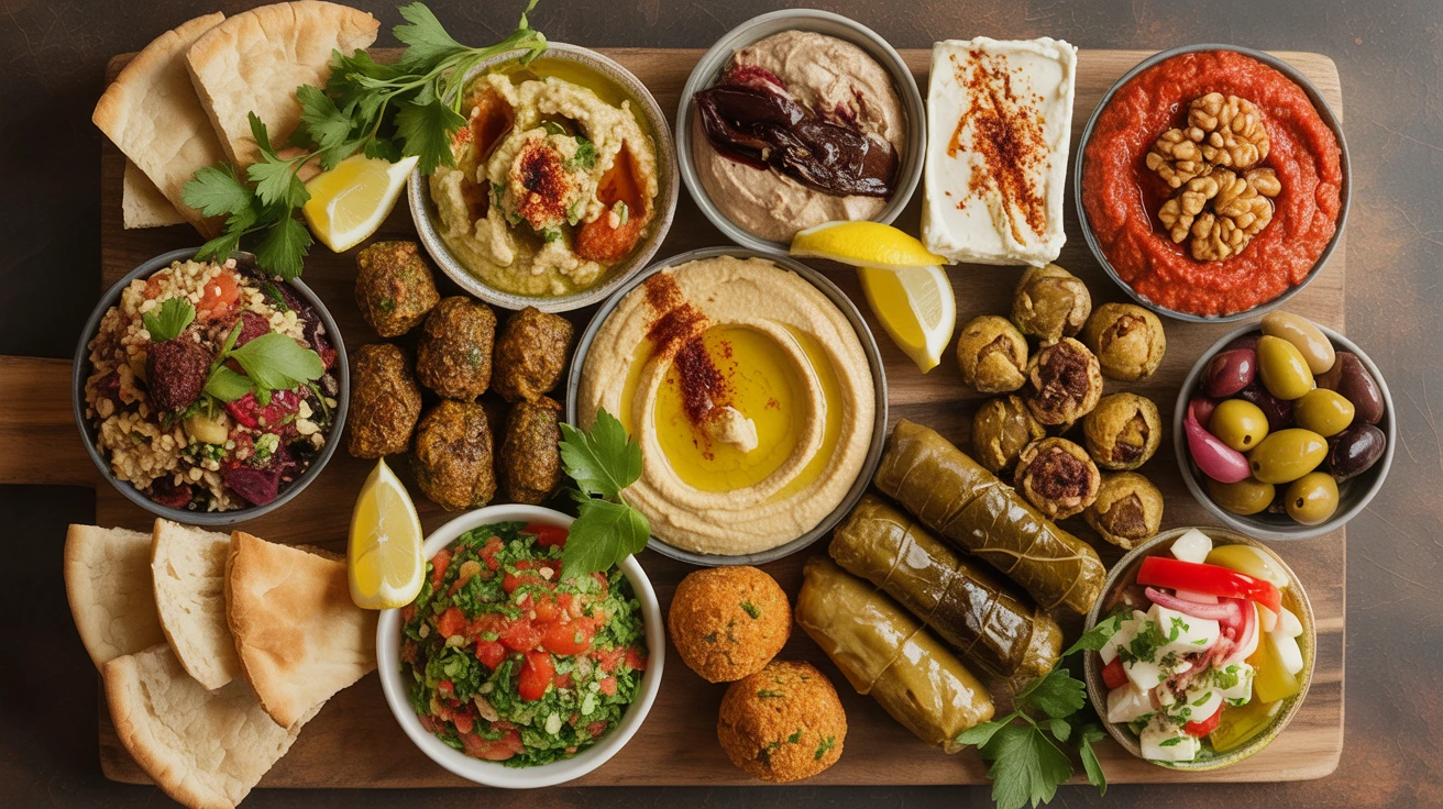 Mediterranean mezze platter with hummus, baba ganoush, falafel, and warm pita bread