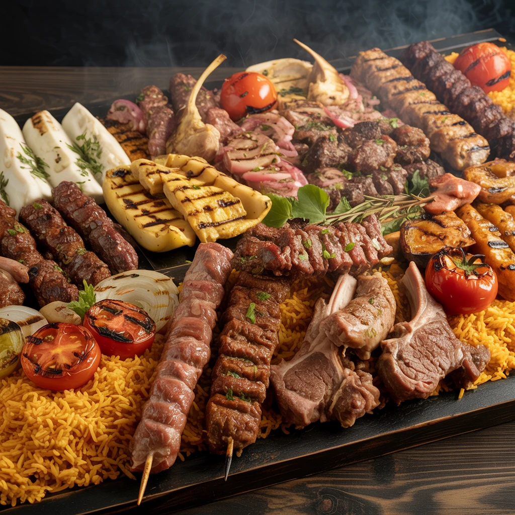 Mediterranean catering spread with mixed grill platter, hummus, and fresh pita bread