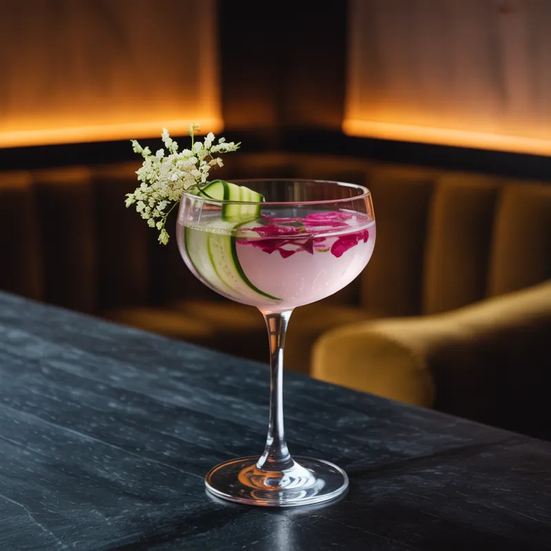 Persian Garden cocktail with fresh herbs and edible flowers at Carnys bar - Mediterranean-inspired summer cocktail with rosewater and mint