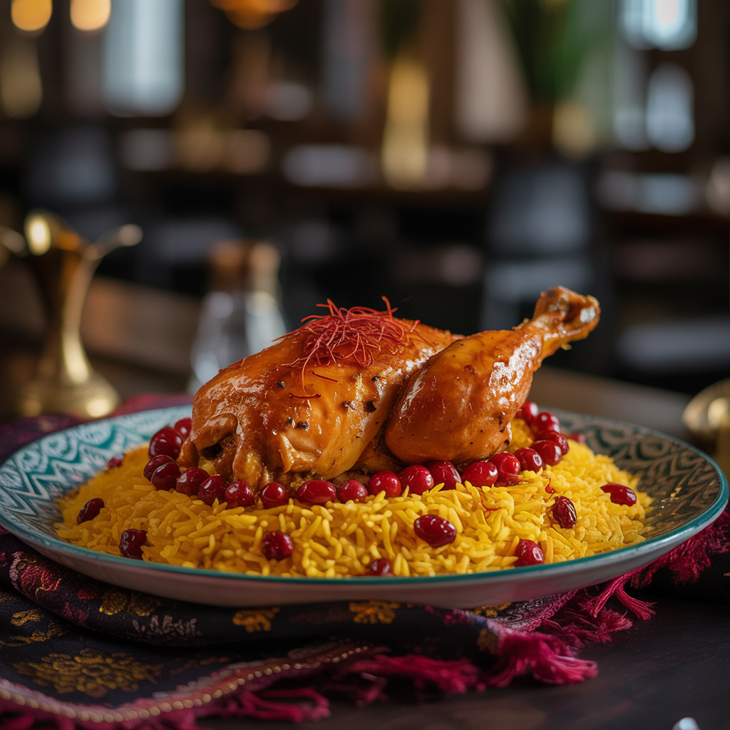 Zereshk Polo ba Morgh - Barberry rice, saffron chicken