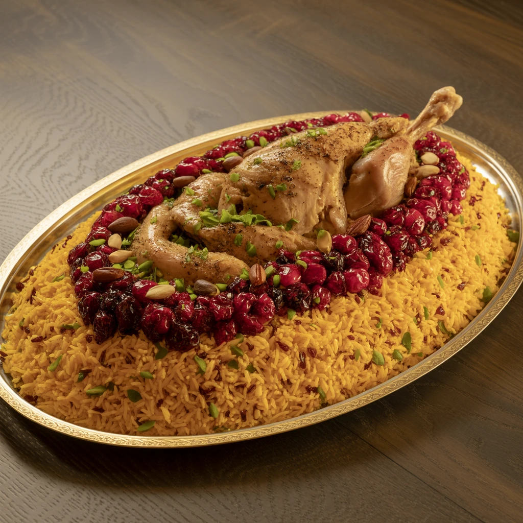 Zereshk Polo ba Morgh - Barberry rice, saffron chicken
